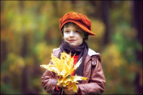 little boy with a hand full of leaves