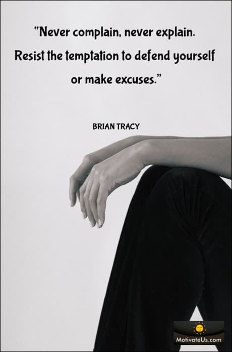 a person sitting with hands over knees and a quote by Brian Tracy