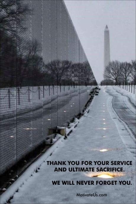 a view of the Vietnam Veterans Memorial Wall, Washington D.C.  and a note from MotivateUs.com