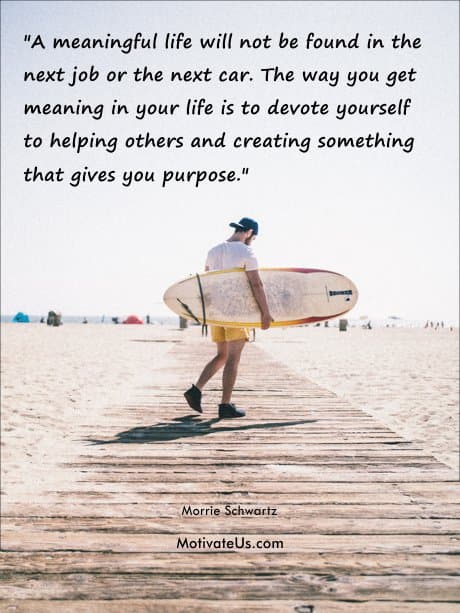 Morrie Schwartz - A meaningful life will not be found in the next job or the next car. The way you get meaning in your life is to devote yourself to helping others and creating something that gives you purpose.
