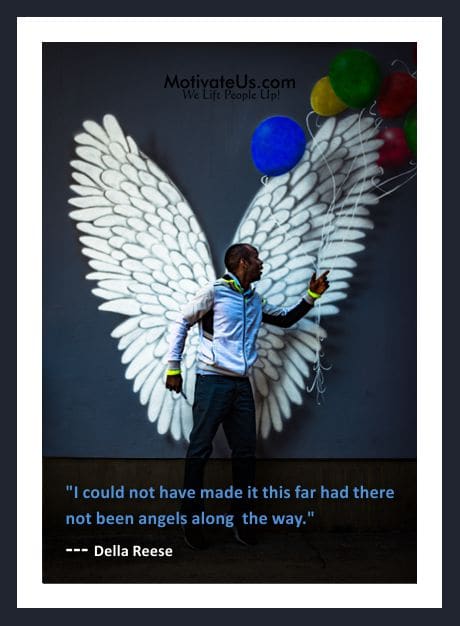 man in front of a set of wings and a quote by Della Reese