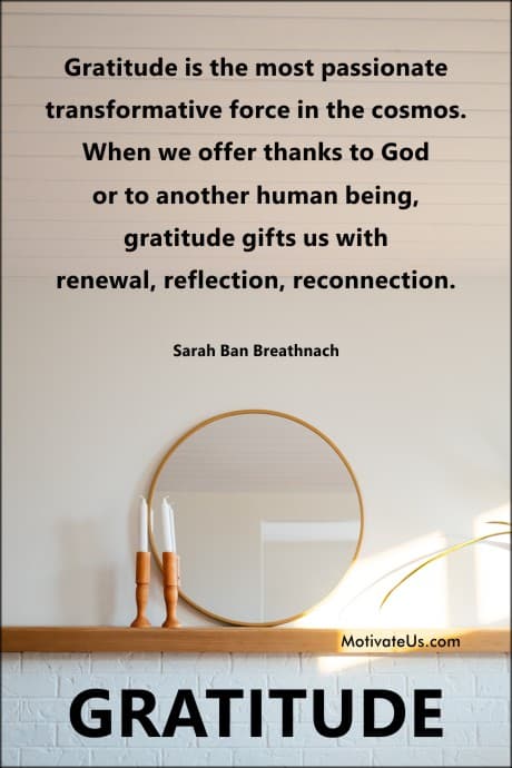 a mirror on a mantle and quote by Sarah Ban Breathnach about gratitude