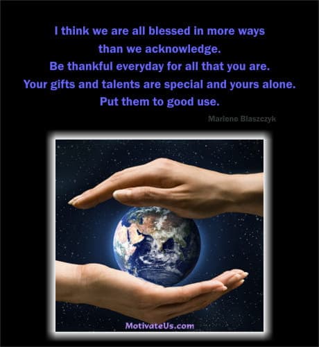 A Picture: (Hands Holding World with The Quote:  quote1 on it.