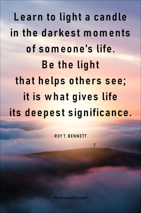 insight from Roy T. Bennett about helping somene and a beautiful sunrise with clouds.