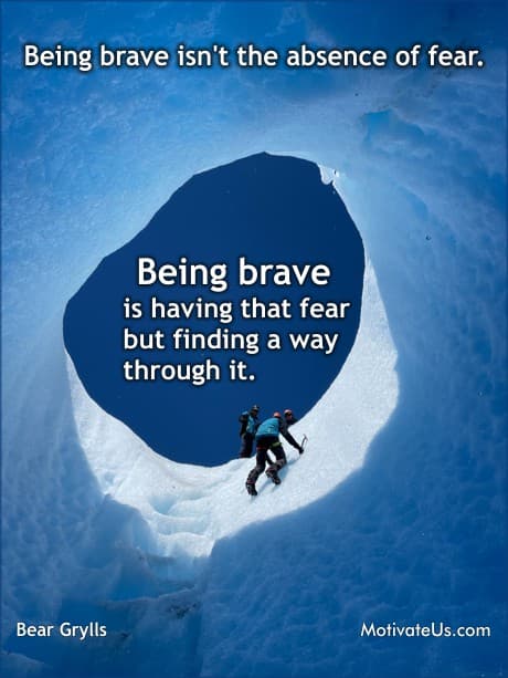 people climbing into an ice cave and quote from Bear Grylls