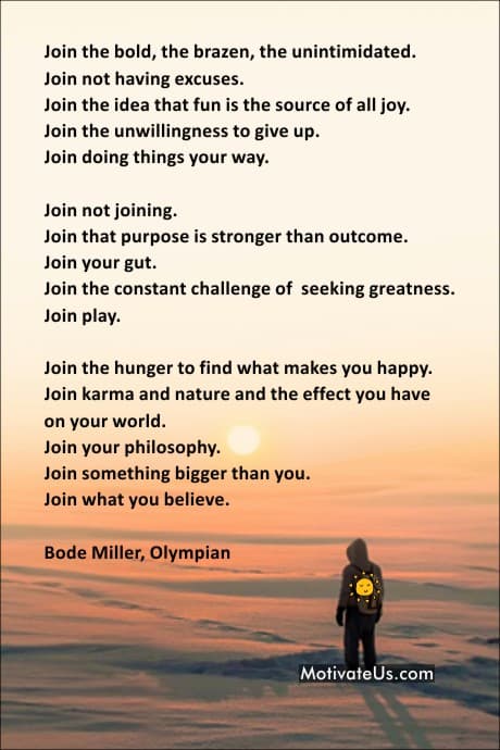 person in the snow, calm setting while watching the sun rise - with a quote by Bodie Miller.