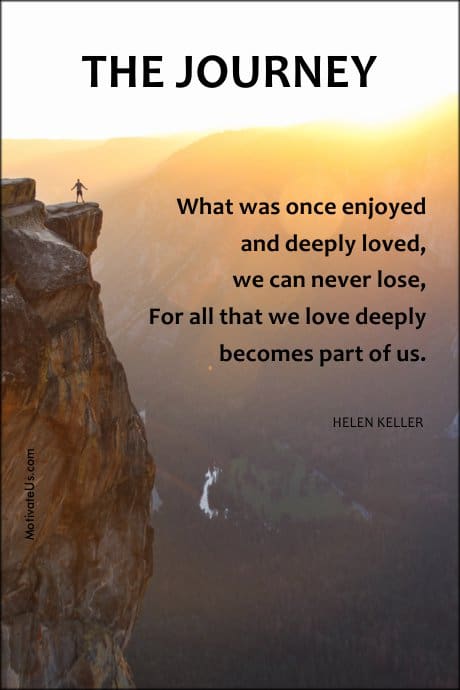person standing on a high cliff and a quote by Helen Keller