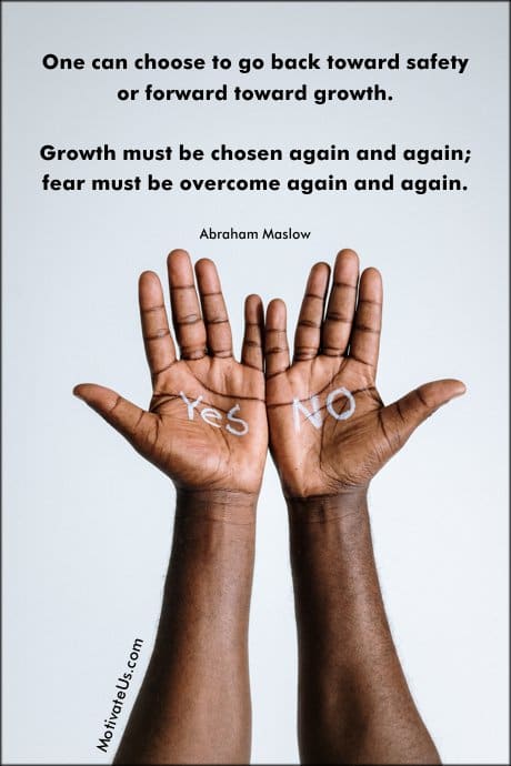 hands with yes on one, no on the other and a quote by Abraham Maslow