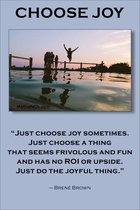 picture of a person jumping into the water and a quote about Joy.