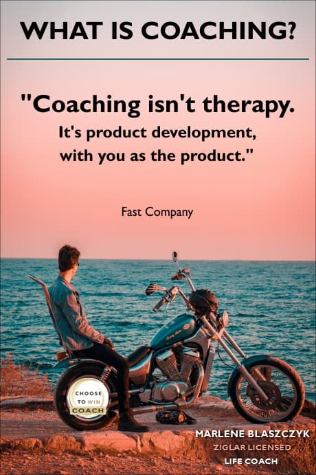 a guy on a Harley and a quote about what coaching is and is not by Fast Company