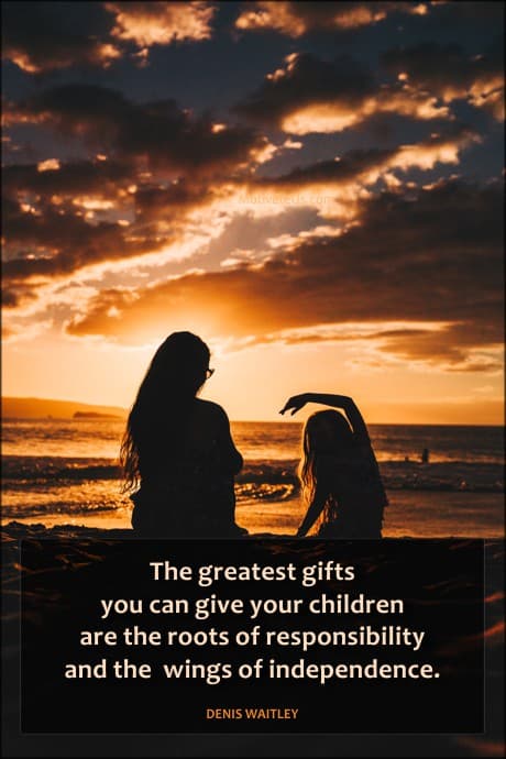 words from Denis Waitley about the greatest gifts to give your children on a picture of a mom and her child at the beach at sunset
