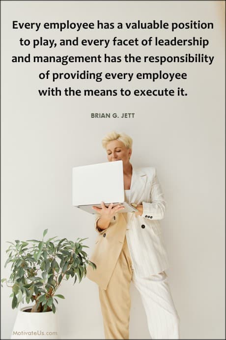 quote by Brian G. Jett on a picture of a woman in a off white suit looking at a laptop screen