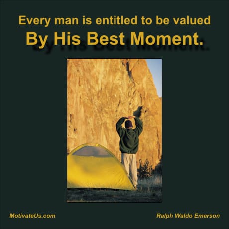 A Picture: (Man Stretching Outside Tent with The Quote:  quote1 on it.