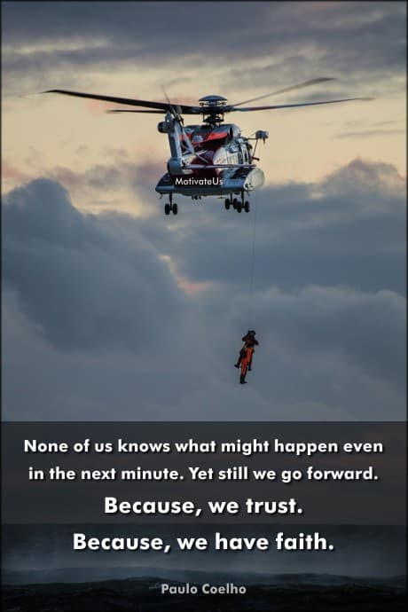 motorcycle suspended from a helicopter and a quote by Paulo Coelho