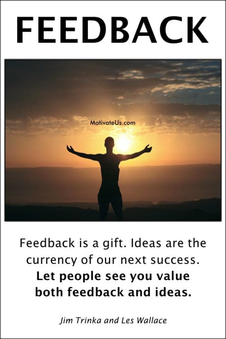 person at sunrise raising their arms and a quote about how feedback is a gift.