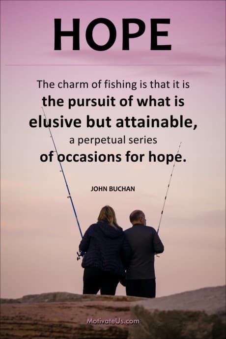 John Buchan quote about the relationship between fishing and hope on a picture of two people with fishing rods