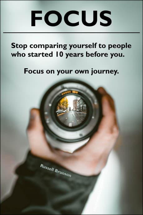 a person looking through a camera lens and a quote by Russell Brunson