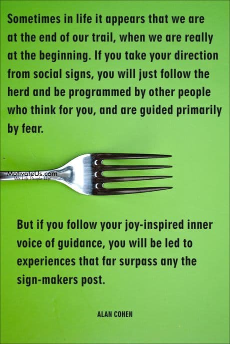picture of a fork on a green bsckground and a quote by Alan Cohen