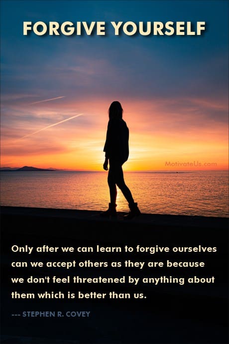 person looking at the sunset and a quote about forgiving yourself by Stephen R. Covey
