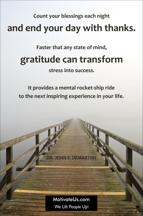 dock or bridge with a quote from Dr. John F. Demartini about gratitude.