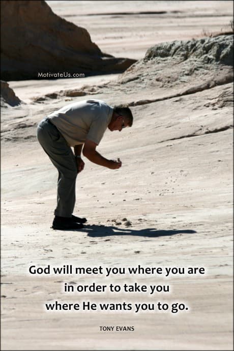 words from Tony Evans on a background of a person picking up something on the beach