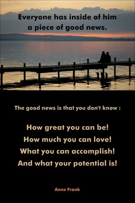 Anne Frank quote on a background of two people on a dock
