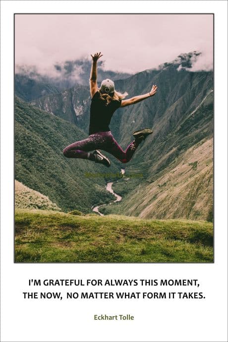 green fields and a woman jumping in the air with a quote by Eckhart Tolle