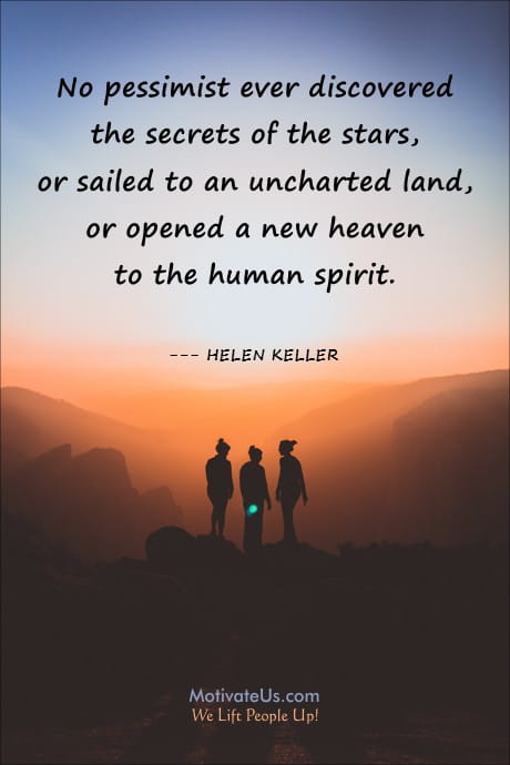 quote by Helen Keller and 3 people standing on rocks .
