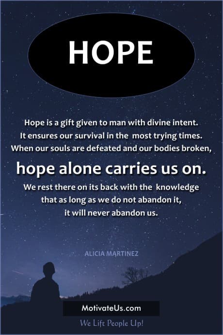 person looking up into the sky filled with stars and a quote about HOPE