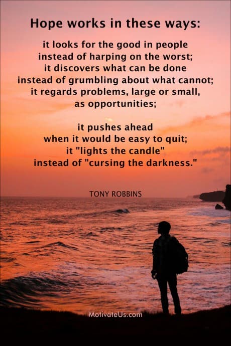 powerful words from TONY ROBBINS on picture of a person taking in the sunset.