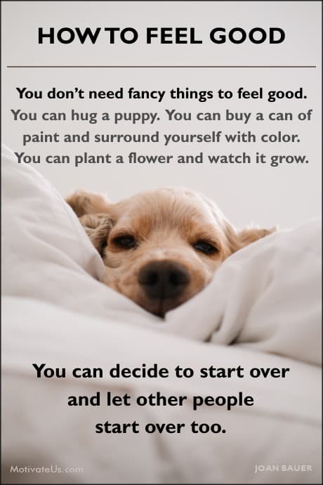 a puppy under the covers and a quote by Joan Bauer