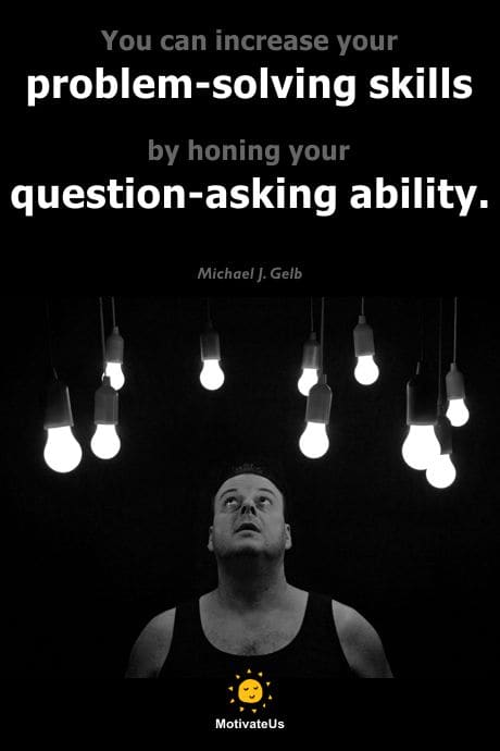 man looking up at lightbulbs and a quote by Michael J. Gelb