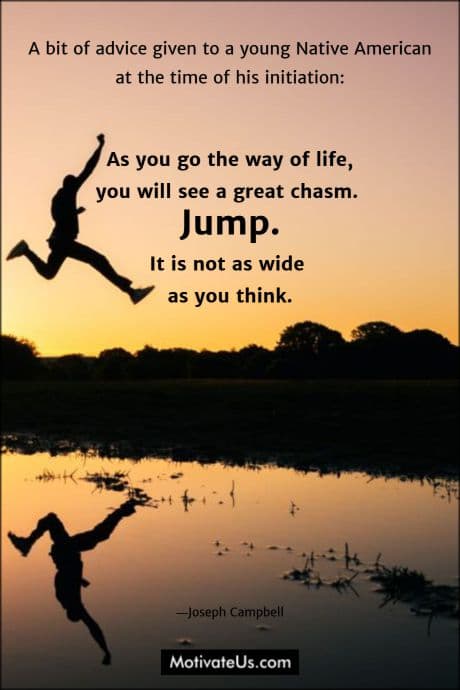 picture of a person jumping across a chasm and a motivational quote from Joseph Campbell