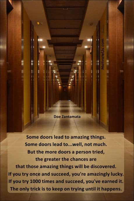 picture of long hallway with many doors and a motivational quote from Doe Zantamata