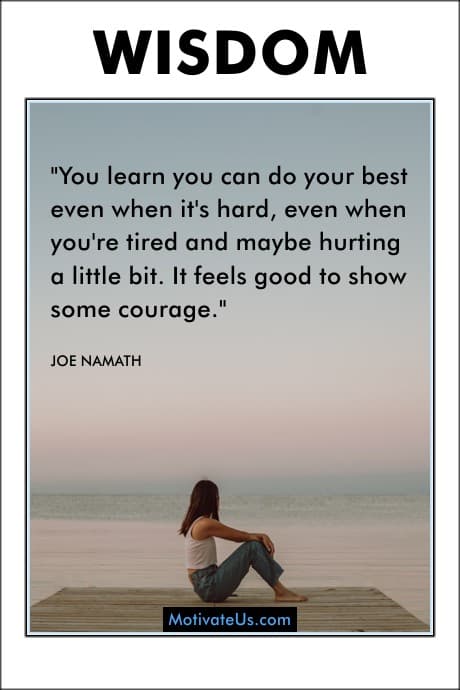 a woman sitting on the beach and a quote by Joe Namath