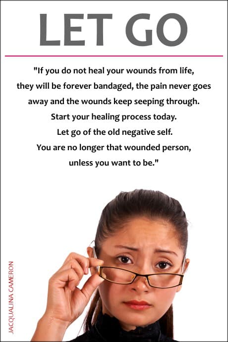 woman with glasses and a quote about letting go of that negative self by Jacqualina Cameron