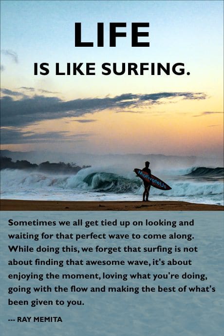 person looking at the waves and a quote by Ray Memita