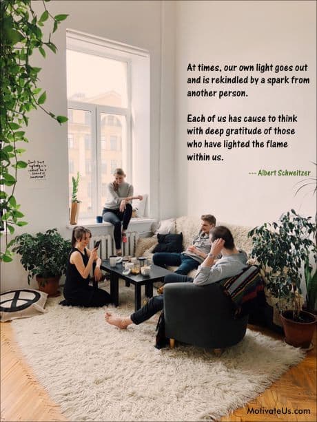inspirational Thanksgiving quote on a picture of people sitting around and smiling.