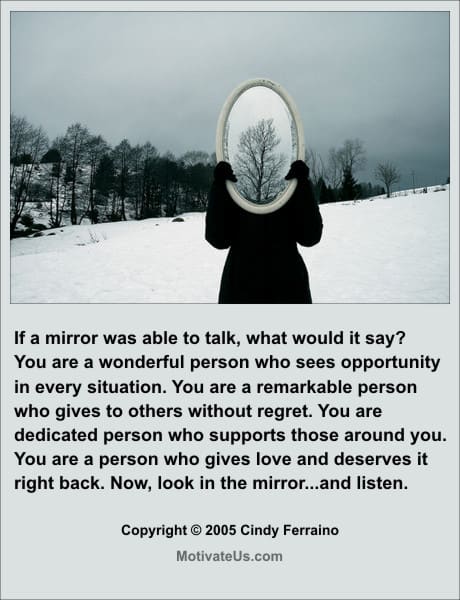 A Picture: (Woman Holding Up A Mirror with The Quote:  quote1 on it.