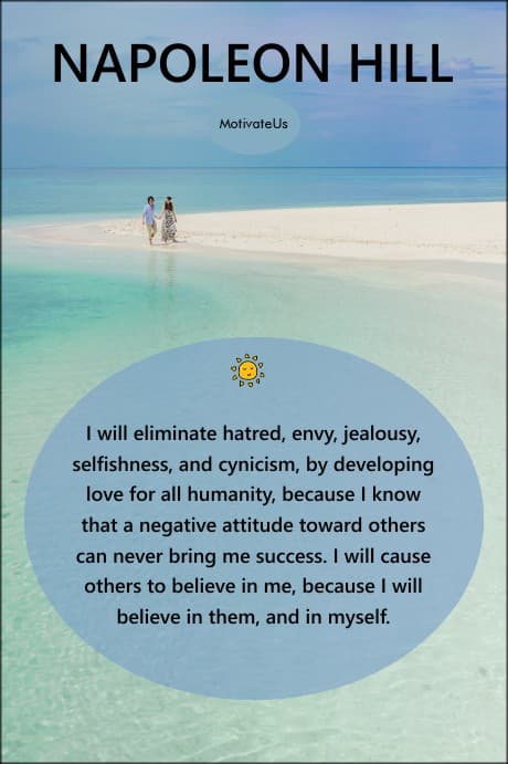 a quote by Napoleon Hill on a picture of white sandybeach and blue sky with turquoise water