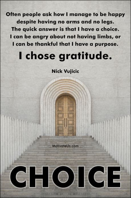 A quote about choices by Nick Vujicic on a picture of steps leading to a door