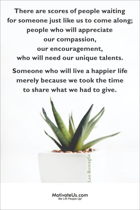 quote from Leo Buscaglia and a green plant that is growing.