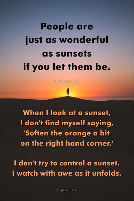 Sunset and a line person on a hill with a beautiful quote about people.