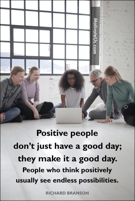 people around a laptop and a quote from Richard Branson about positive people.