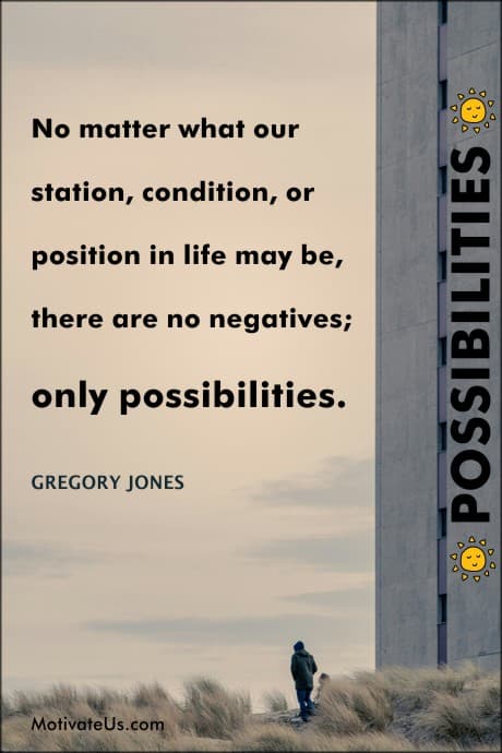 person in a hoodie standing next to a tall building and a quote about possibilities