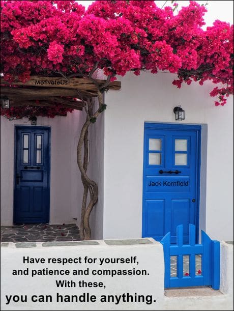 quote about believing in your good points by Jack Kornfield on a wall in front of blue door