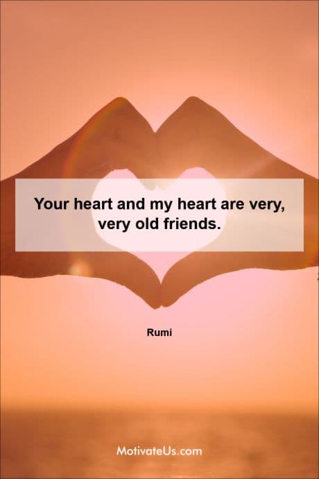 two hands forming a heart with an inspiring quote by Rumi