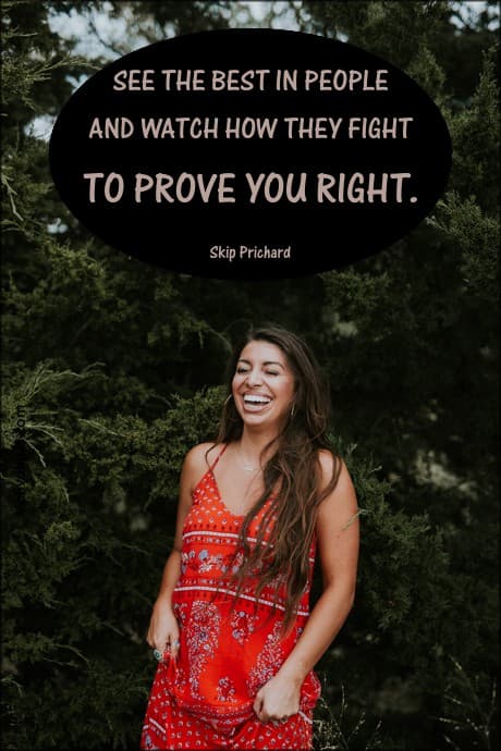 female smiling and a quote by Skip Prichard