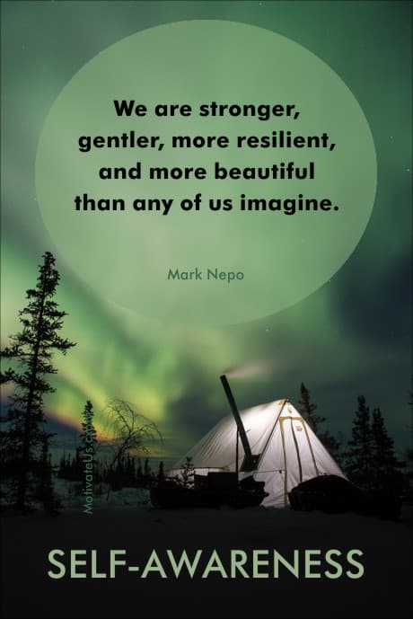 a tent under the northern lights and a quote by Mark Nepo
