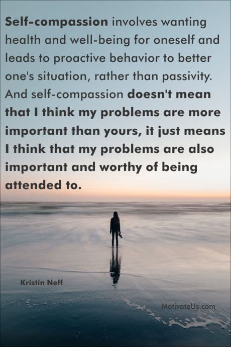 woman walking on the beach and a motivational quote about self-comapssion by Kristin Neff